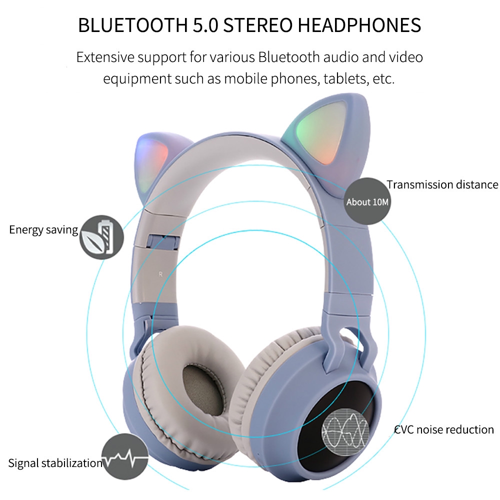 Tai Nghe Chụp Tai Bluetooth 5.0 Có Micro Hình Tai Mèo Dễ Thương Jack 3.5mm