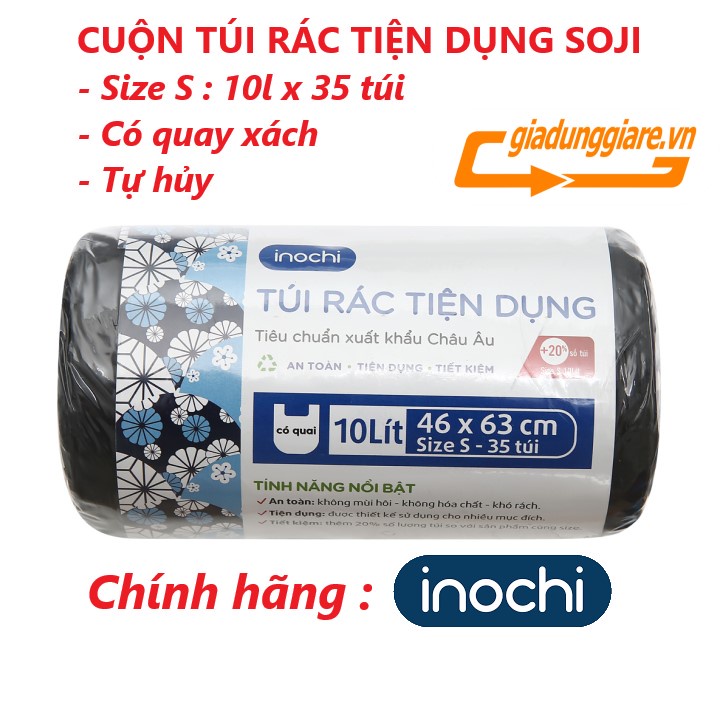 Cuộn TÚI RÁC TỰ HỦY Soji INOCHI có quai tiện dụng nhựa nguyên sinh kháng khuẩn ( Tùy chọn Size 10L - 25L - 50L )