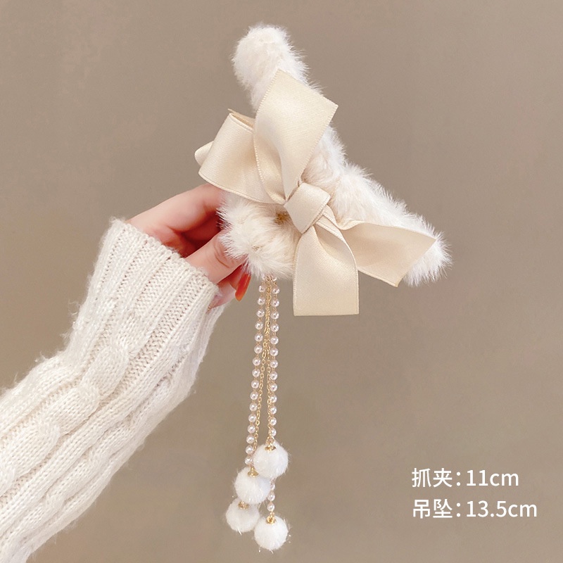 【kifil】Kẹp tóc hình nơ phối lông tua rua xinh xắn phong cách Hàn Quốc hợp thời trang cho nữ