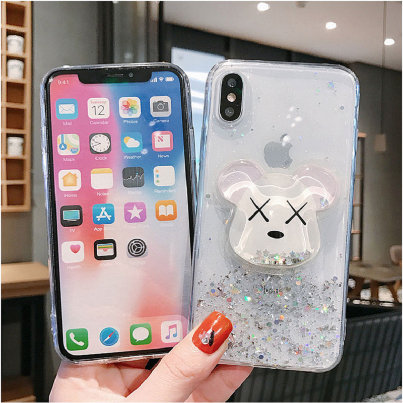 Ốp lưng iPhone 14 13 12 11 Pro X XR XS Max 8 8+ 7 7+ 6 6+ 6S 6S+ Plus Sequin Glitter Soft Case With Bear Popsocket
