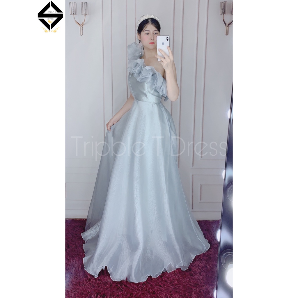 Đầm maxi voan kính nhún bèo lệch vai TRIPBLE T DRESS - MS334V