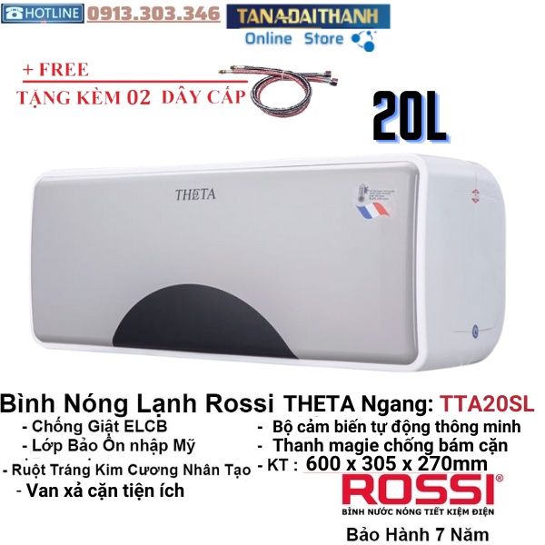 Bình nóng lạnh gián tiếp Rossi Theta 20 Lít Ngang- TTA20SL, chính hãng, bảo hành 7 năm toàn quốc, tân á online