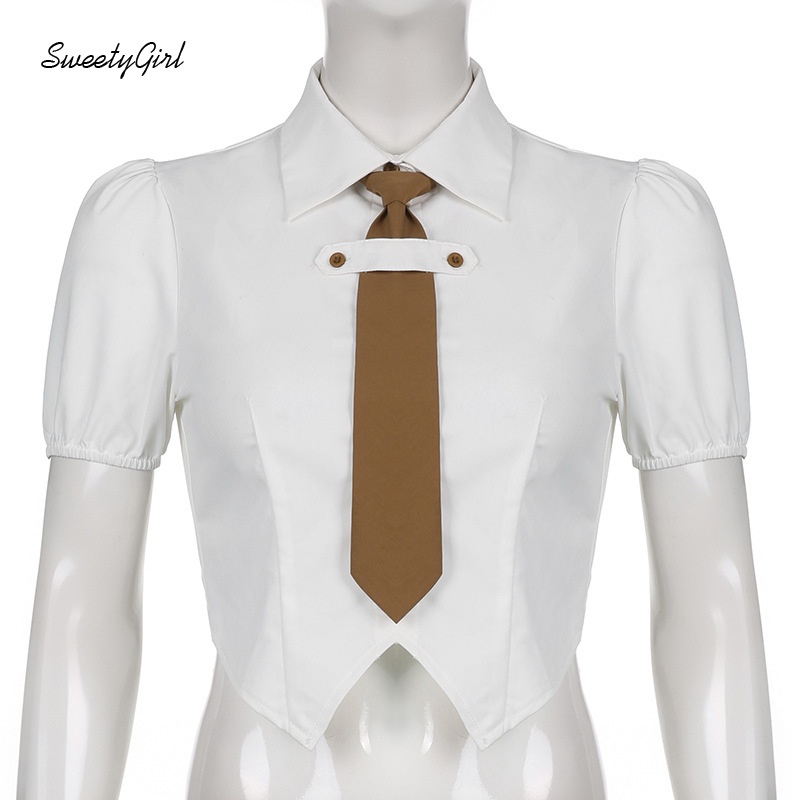 Áo Sơ Mi Cổ Bẻ Tay Ngắn Dáng Ôm Màu Trơn Phong Cách Preppy 2022 Thời Trang Cho Nữ