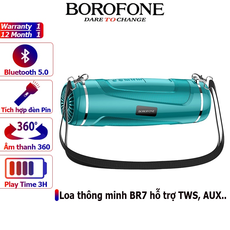 Loa di động không dây BOROFONE BR7 có đèn Pin, âm thanh sống động, hỗ trợ bluetooth 5.0 - Chính hãng