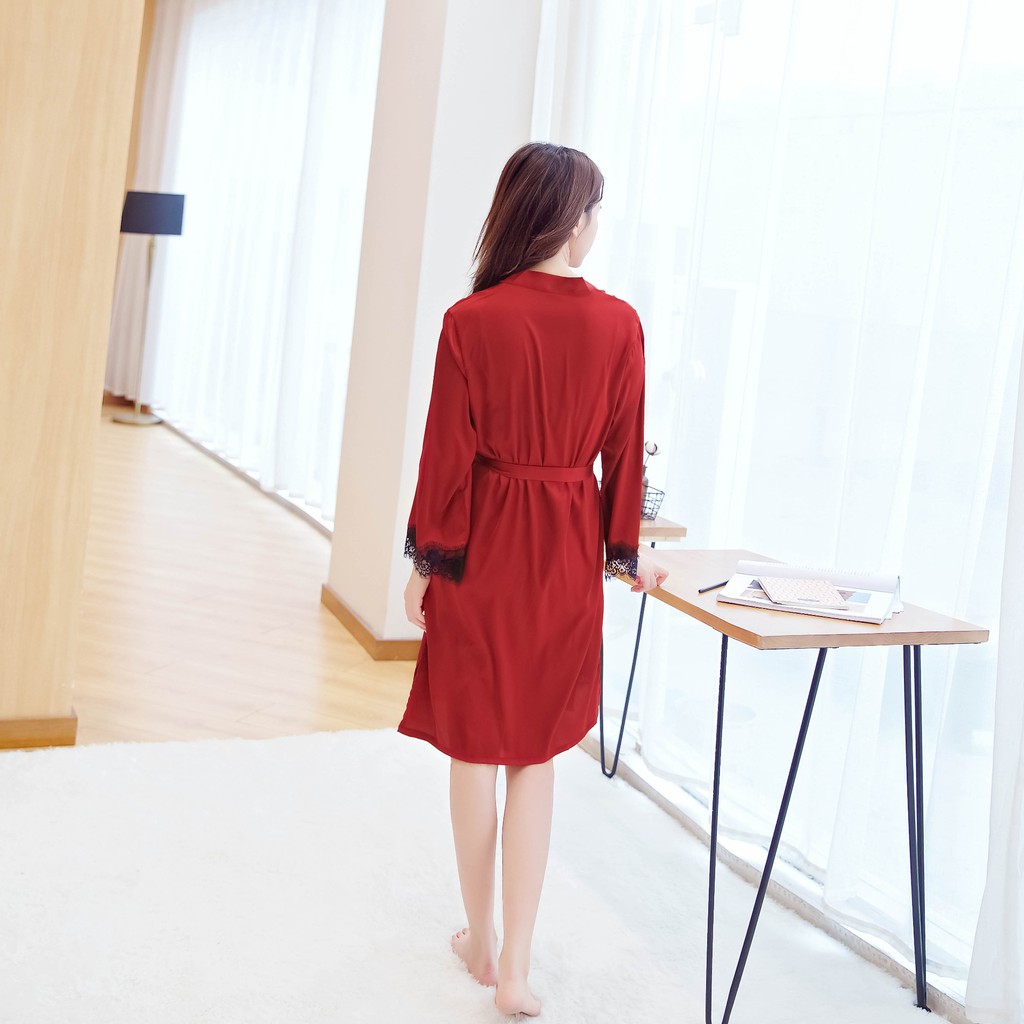 Áo choàng ngủ váy ngủ lụa 🔥TẶNG LÓT ĐỆM NGỰC🔥sexy hai dây phối ren AM255101 đầm ngủ lụa bigsize MLXL 65KG | BigBuy360 - bigbuy360.vn