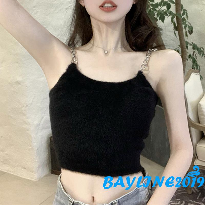 BAY-Áo croptop cổ chữ U màu trơn dây xích kim loại cho nữ
