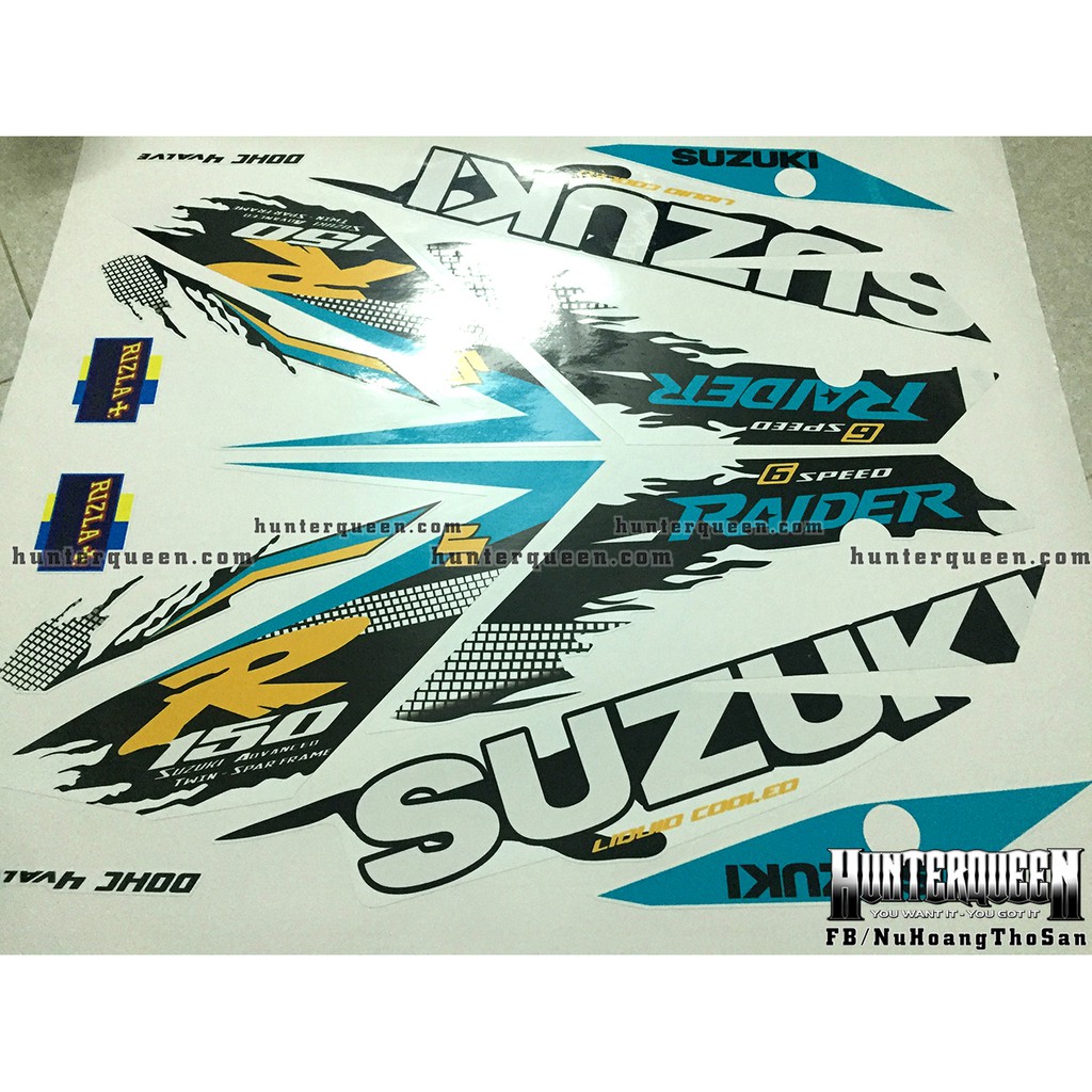 Tem rời chế Raider FI. Trắng xanh, chữ Suzuki. Thay đổi màu sắc và chi tiết theo yêu cầu. Sắc nét, bền màu