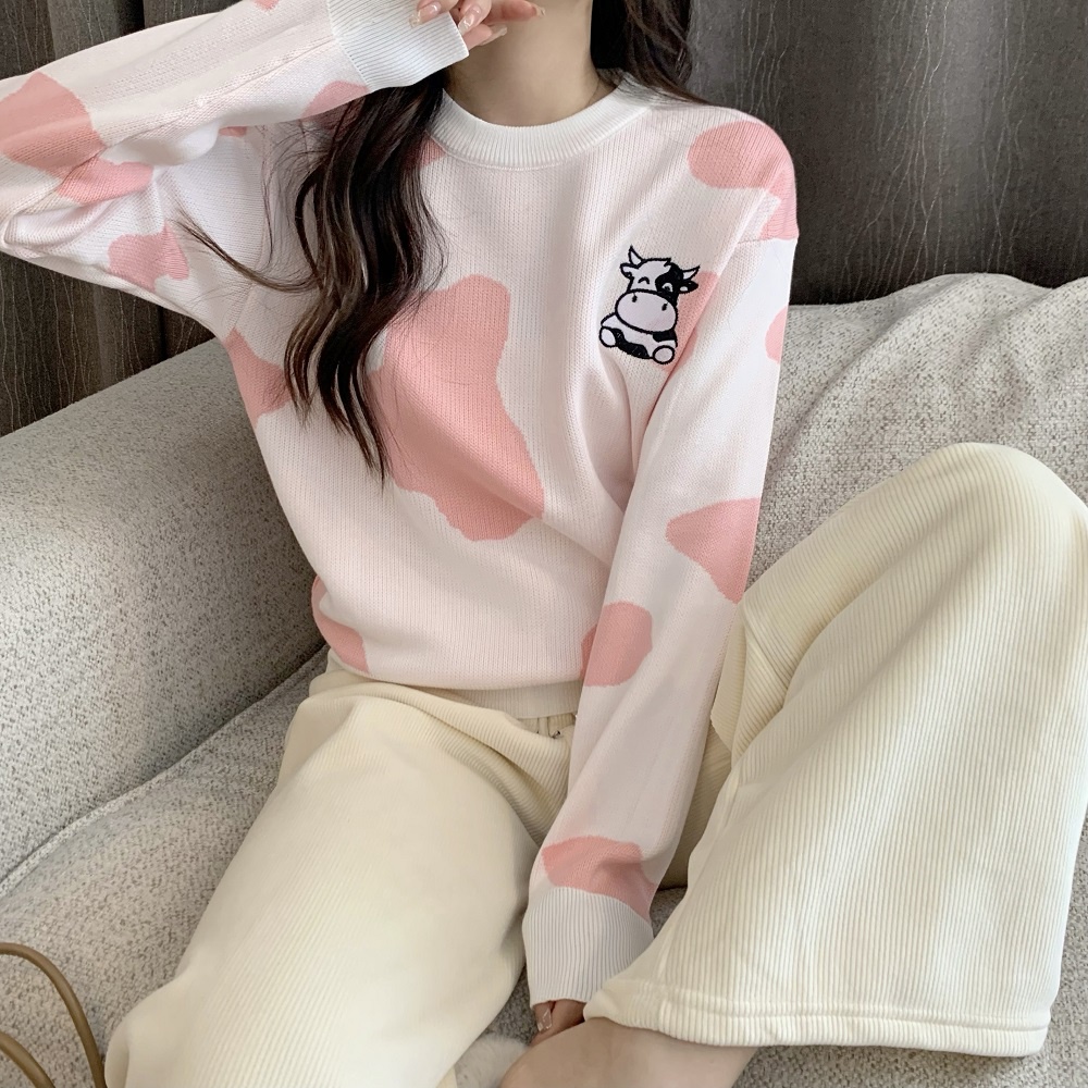 Áo len ZHELIHANGFEI tay dài dáng rộng họa tiết thêu dễ thương theo phong cách Preppy cho nữ