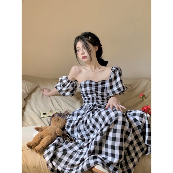 (SẴN) ĐẦM CARO NỮ TAY BỒNG DÁNG DÀI NỮ TÍNH ULZZANG