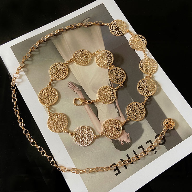 Thắt Lưng Dây Xích Mặt Tròn Khắc Họa Tiết Hoa Màu Vàng / Bạc Sang Trọng Thời Trang Cho Nữ