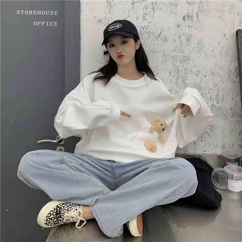 (TẶNG GẤU BÔNG) ÁO SWEATER NỮ kèm GẤU trơn thu đông unisex 2020 - ÁO NỈ GẤU TEDDY BEAR TÚI THỤNG ĐEN | TRẮNG | TÍM ullza | BigBuy360 - bigbuy360.vn