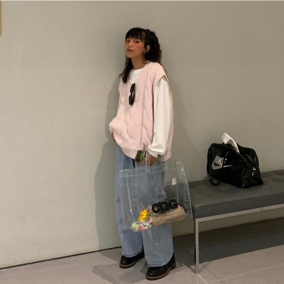 Áo Dệt Kim Không Tay Dáng Rộng Cổ Chữ V Phong Cách Vintage Thời Trang Dành Cho Nữ