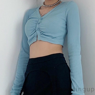 Áo croptop tay dài cổ chữ v đính nút