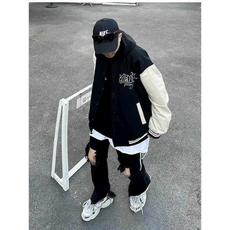 Áo Khoác Bomber Varsity Jacket BOM HOUSE Nam Nữ Chất Liệu Kaki Logo Thêu 2 Lớp
