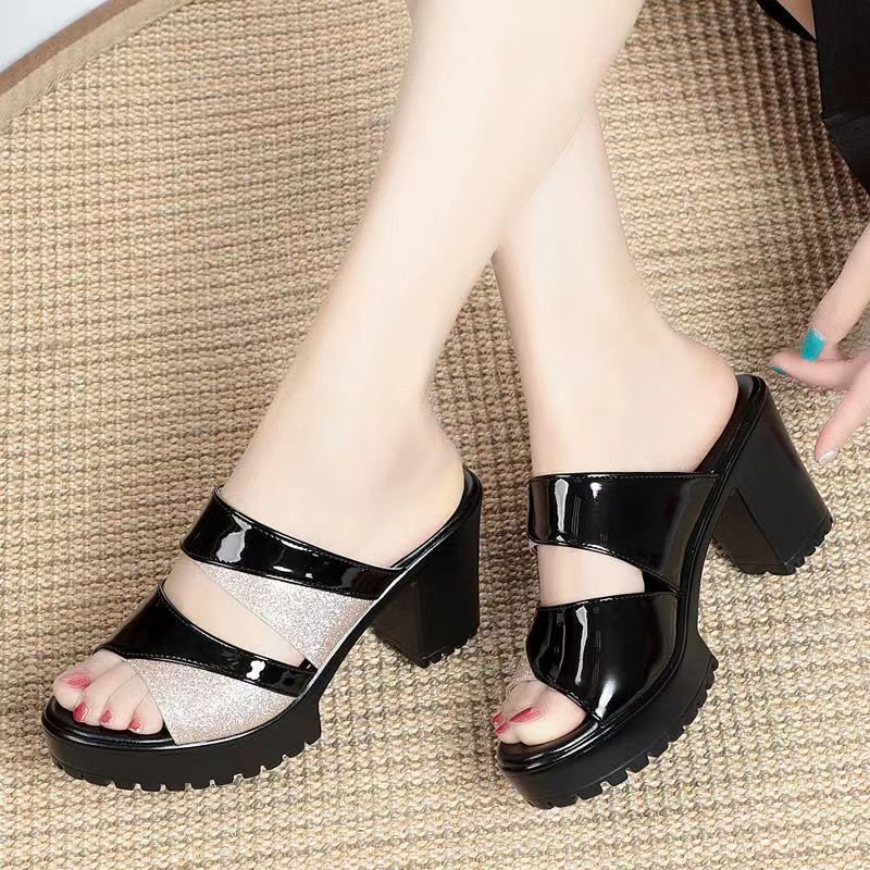 Giày cao gót, Dép cao gót 2 quai đính kim tuyến cao 7cm