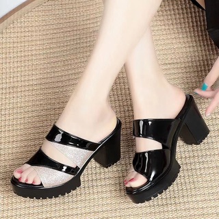 Giày cao gót, Dép cao gót 2 quai đính kim tuyến cao 7cm