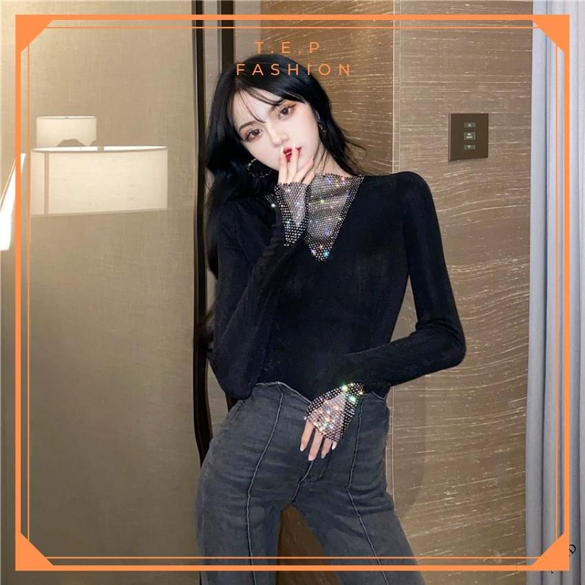 [SIÊU HOT] ÁO THUN DÀI TAY CỔ V ĐÍNH ĐÁ , ÁO GIỮ NHIỆT TRỜI TRANG ĐÍNH ĐÁ PHONG CÁCH TEP FASHION - ADT010