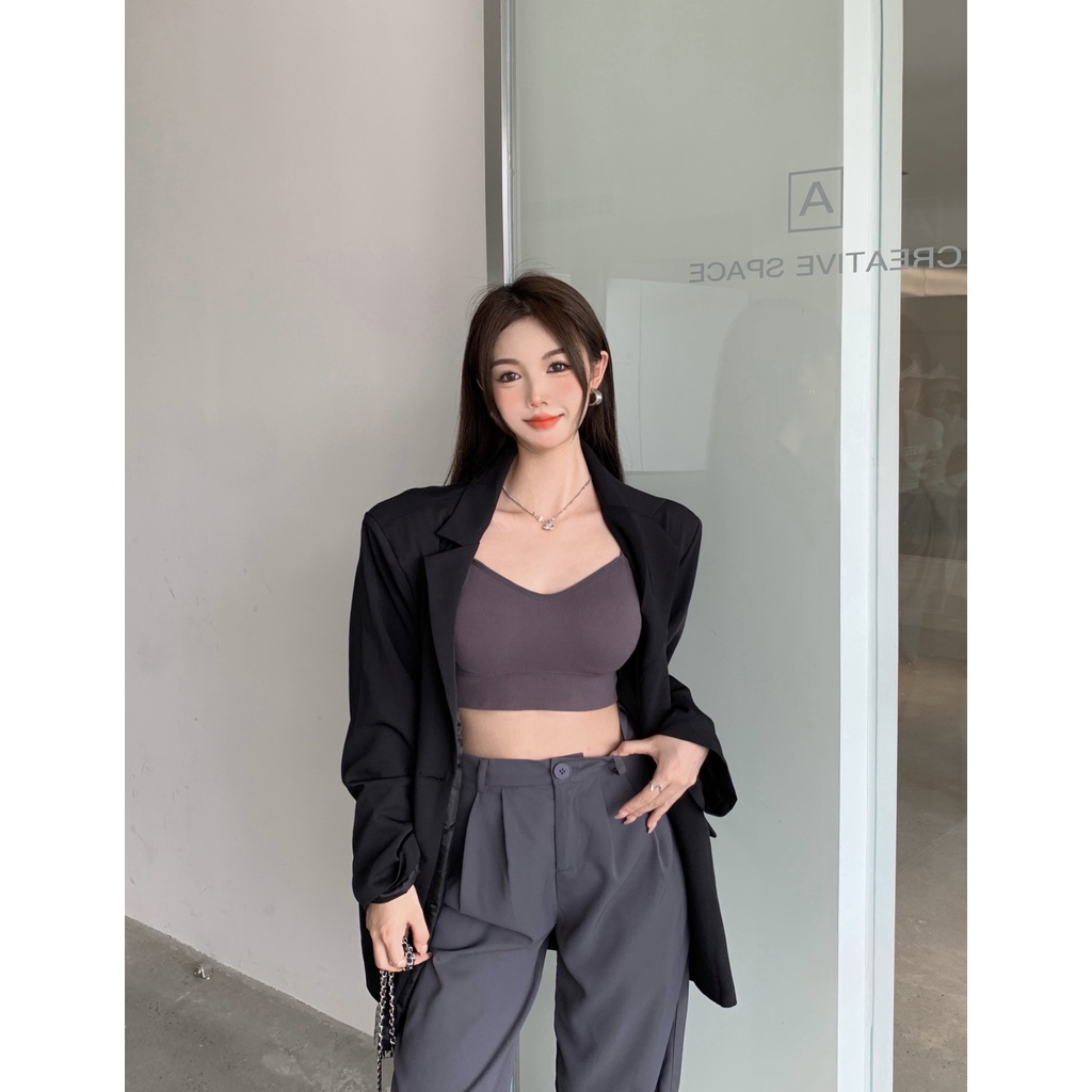 Bộ Áo Ngực + Quần Yếm Lưng Cao Ống Rộng Có Đệm Ngực Không Giảm Đau