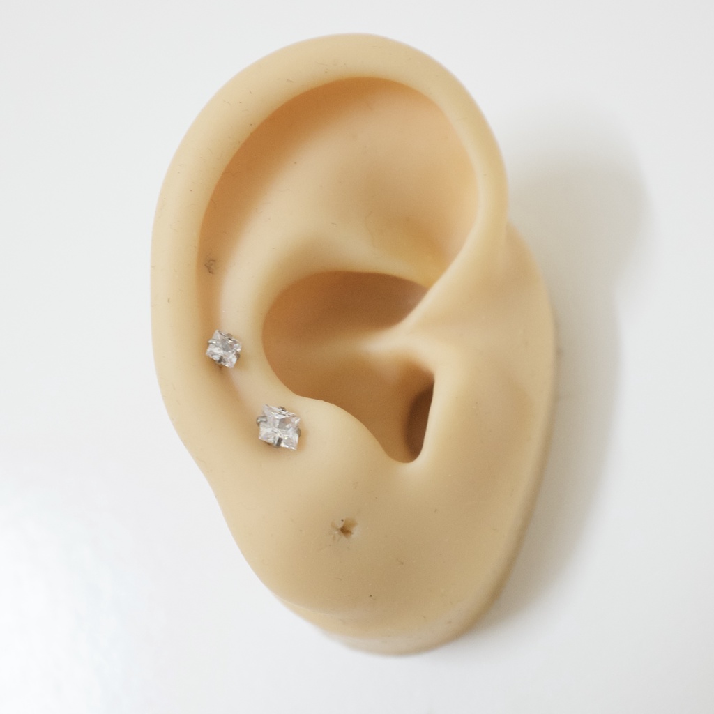 [1 Chiếc] Khuyên Tai Titan 2 Đầu Đá Vuông Unisex Màu Bạc Đuôi Bi Không Gỉ Sét Không Ngứa Bông Tai Julies Box 66