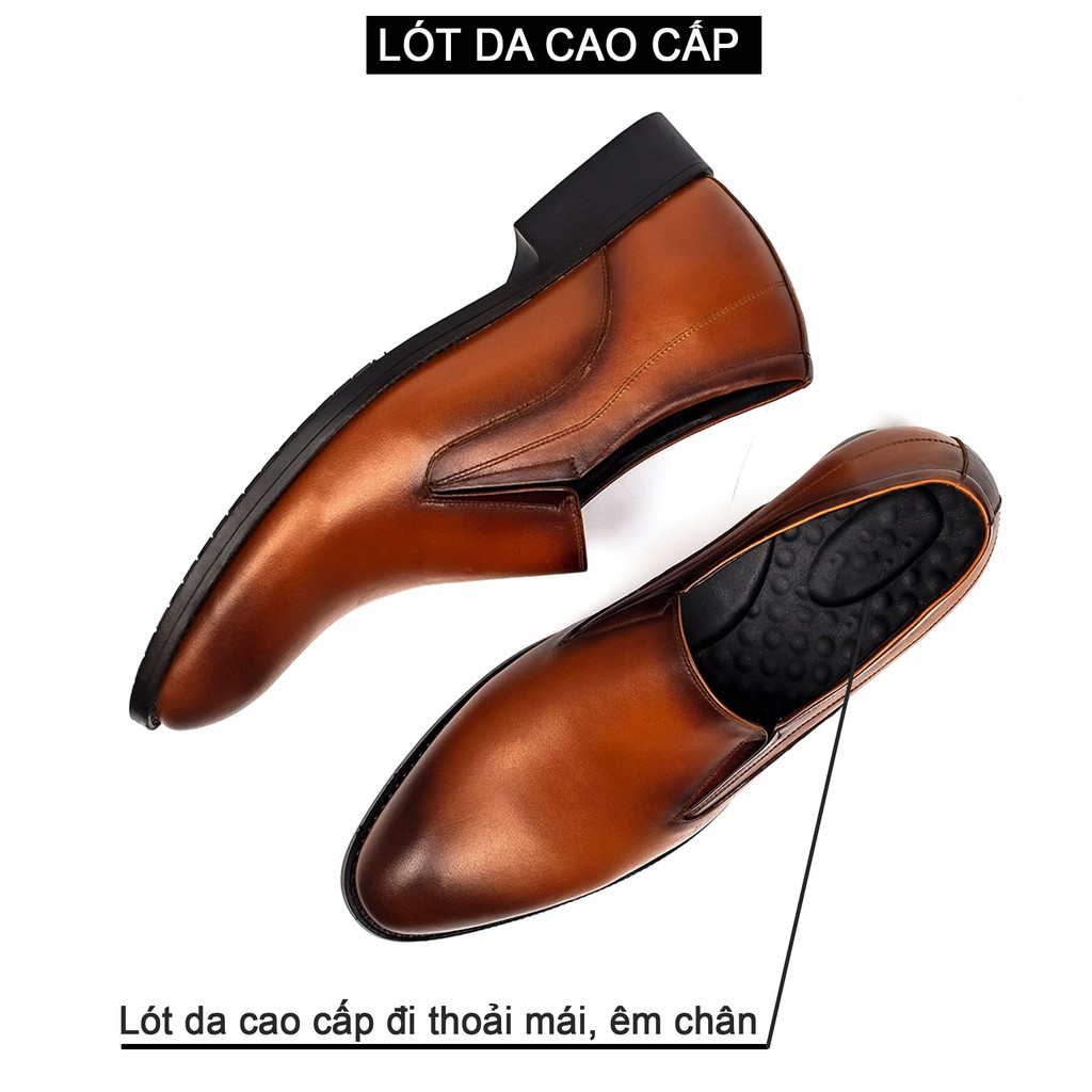 Giày Công sở tăng chiều cao da bò thật BỤI LEATHER G112 NÂU-hộp sang trọng -Bảo hành 12 tháng