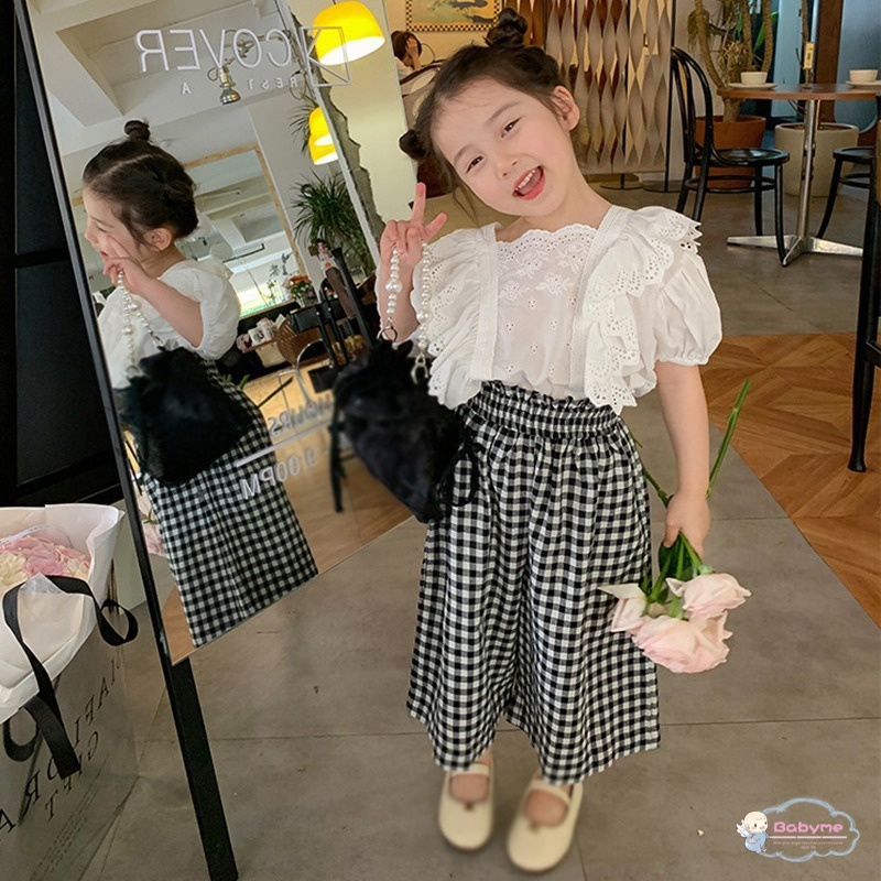 Quần ống rộng Lưng Thun Họa Tiết Sọc Caro Phong Cách Hàn Quốc Thời Trang Mùa Hè Cho Bé Gái