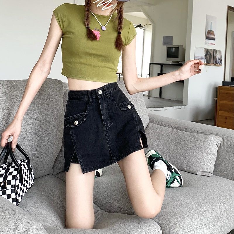 Chân váy denim xẻ tà lưng cao thiết kế thời trang phong cách mùa hè