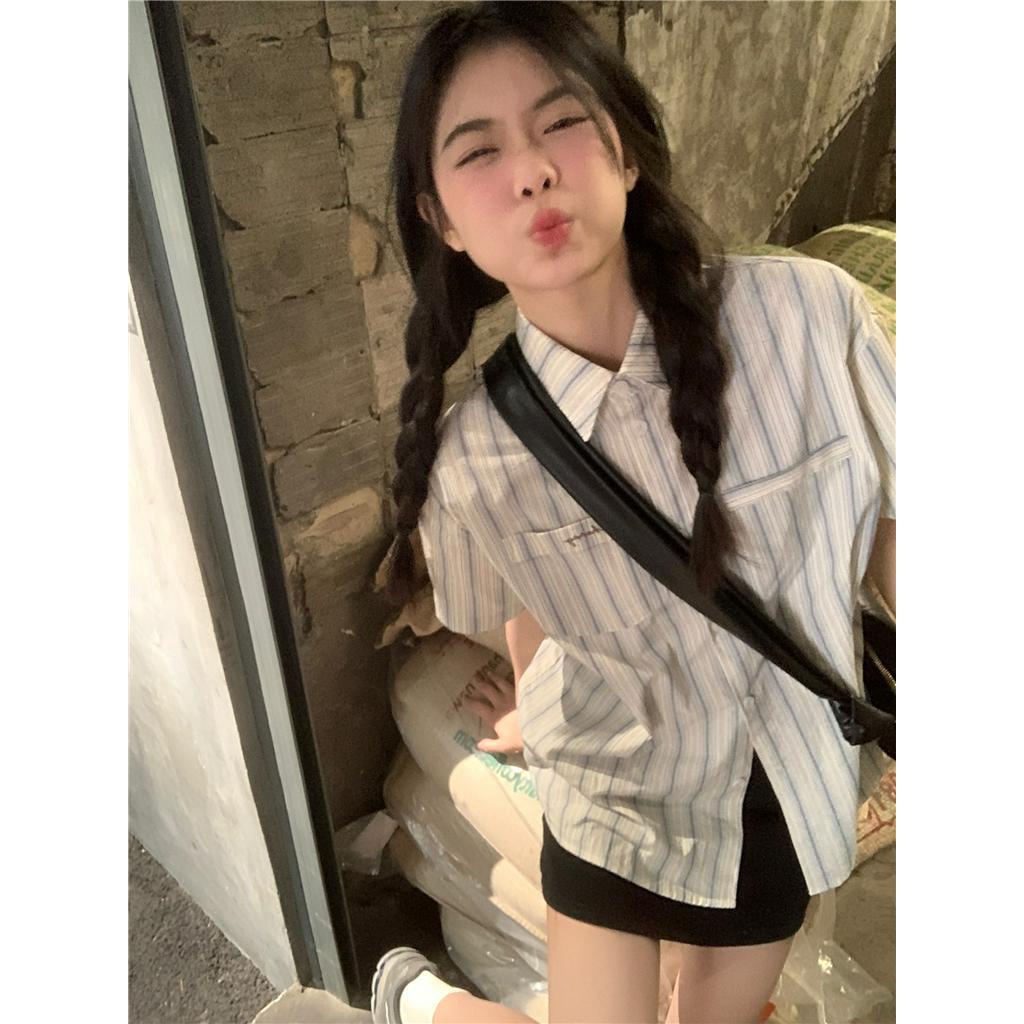 Áo Sơ Mi Kẻ Sọc Dáng Rộng Ngắn Tay Phong Cách Hàn Quốc Thời Trang Mùa Hè 6332