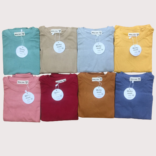 Bộ tăm lạnh Minky Mom, bộ quần áo tăm gân lạnh cho bé cổ tròn, 8 màu trơn, túi zip xịn sò, ảnh chụp thật