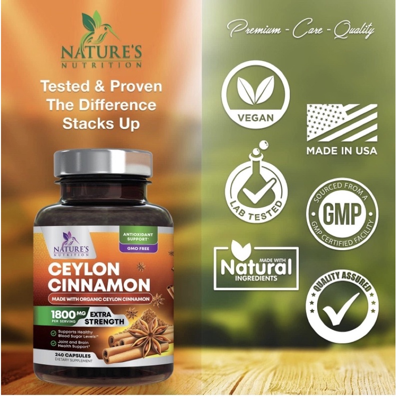 Viên tiểu đường thuần chay hữu cơ Nature's nutrition Ceylon Cinnamon 1800mg 120viên USA