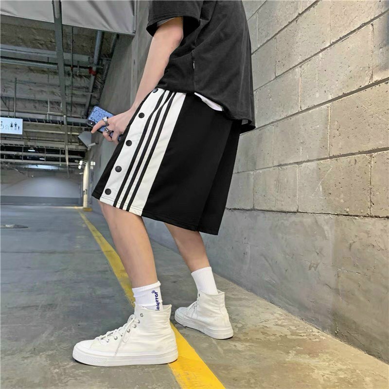 Quần Short Thun Da Cá Kẻ Sọc Nam Nữ Nút Bấm Unisex Streetstyle