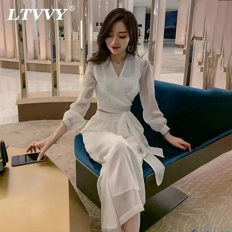 Set Đồ Hai Món Gồm Áo Hai Món Quần Ống Rộng Màu Trắng Vải Voan Phong Cách Phương Tây Thời Trang Dành Cho Bạn Nữ