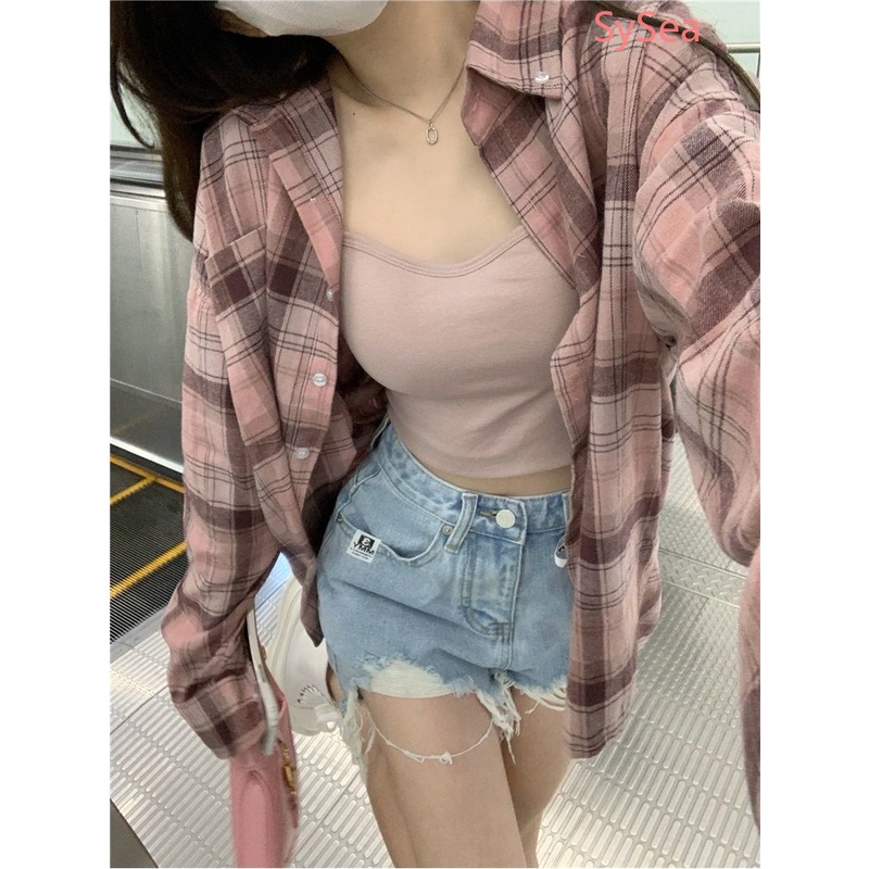 Áo Sơ Mi Kẻ Caro Hồng Phong Cách Vintage Cho Nữ