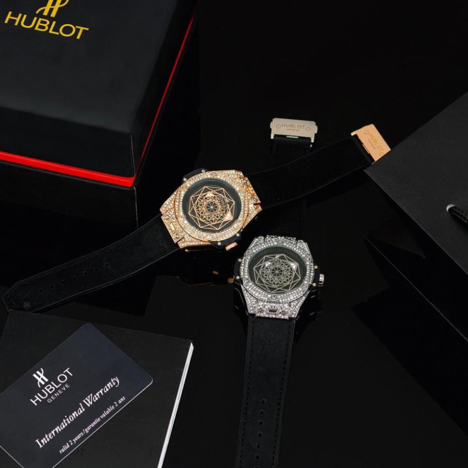 Đồng hồ nam Hublot mặt tròn size 42- đa giác đính đá, dây da chống nước DH604  shop105