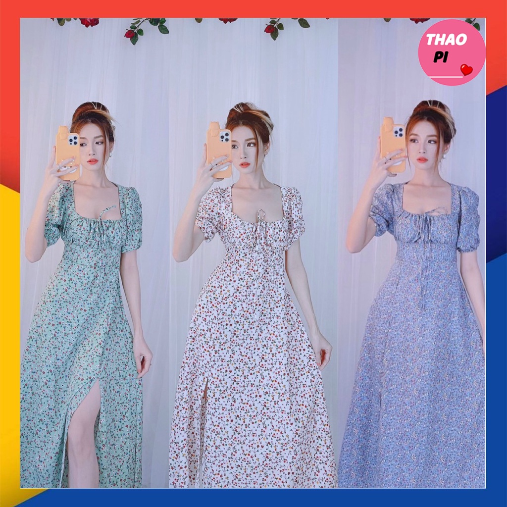 Đầm maxi hoa nhí cổ vuông nhún ngực cột nơ nhỏ xẻ tà bầu bì bon chen thoải mái siêu đẹp hình thật mẫu mặc