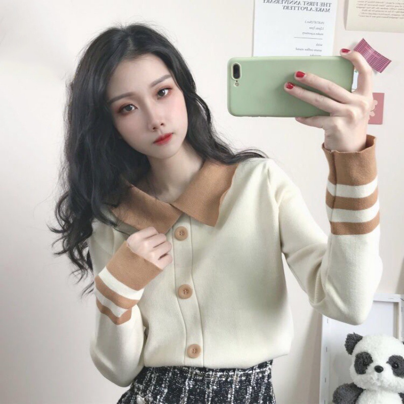 Áo khoác cardigan dệt kim cổ bẻ tay dài dáng rộng kẻ sọc thời trang mùa thu cho nữ