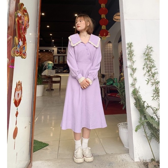 Váy cổ sen chéo ngực vải dạ nhung dày dặn VFF Ulzzang style 🌸Hàng Quảng Châu