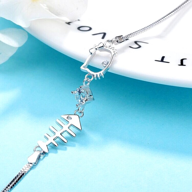Vòng Tay Bạc S925 Mèo Hello Kitty Xinh Xắn | Khuyên Tai Nữ Trang Sức Bạc Thời Trang