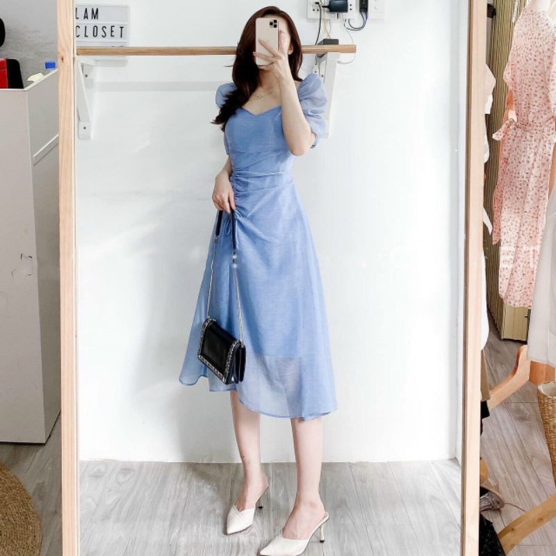 Đầm dự tiệc tay bồng rút hông 3 màu siêu xinh