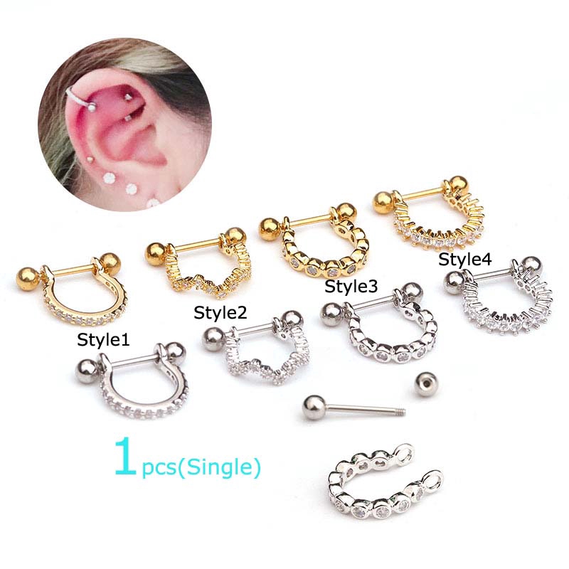 Khuyên xỏ vành tai hình dạng chữ U bằng đồng đính đá zircon chiều dài 8mm 20G