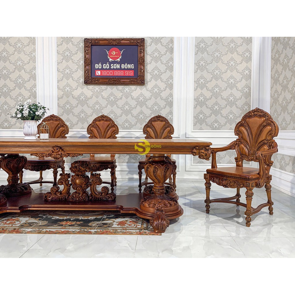 Bộ bàn ăn Hoàng Gia nguyên tấm Louis FIDIA 10 ghế