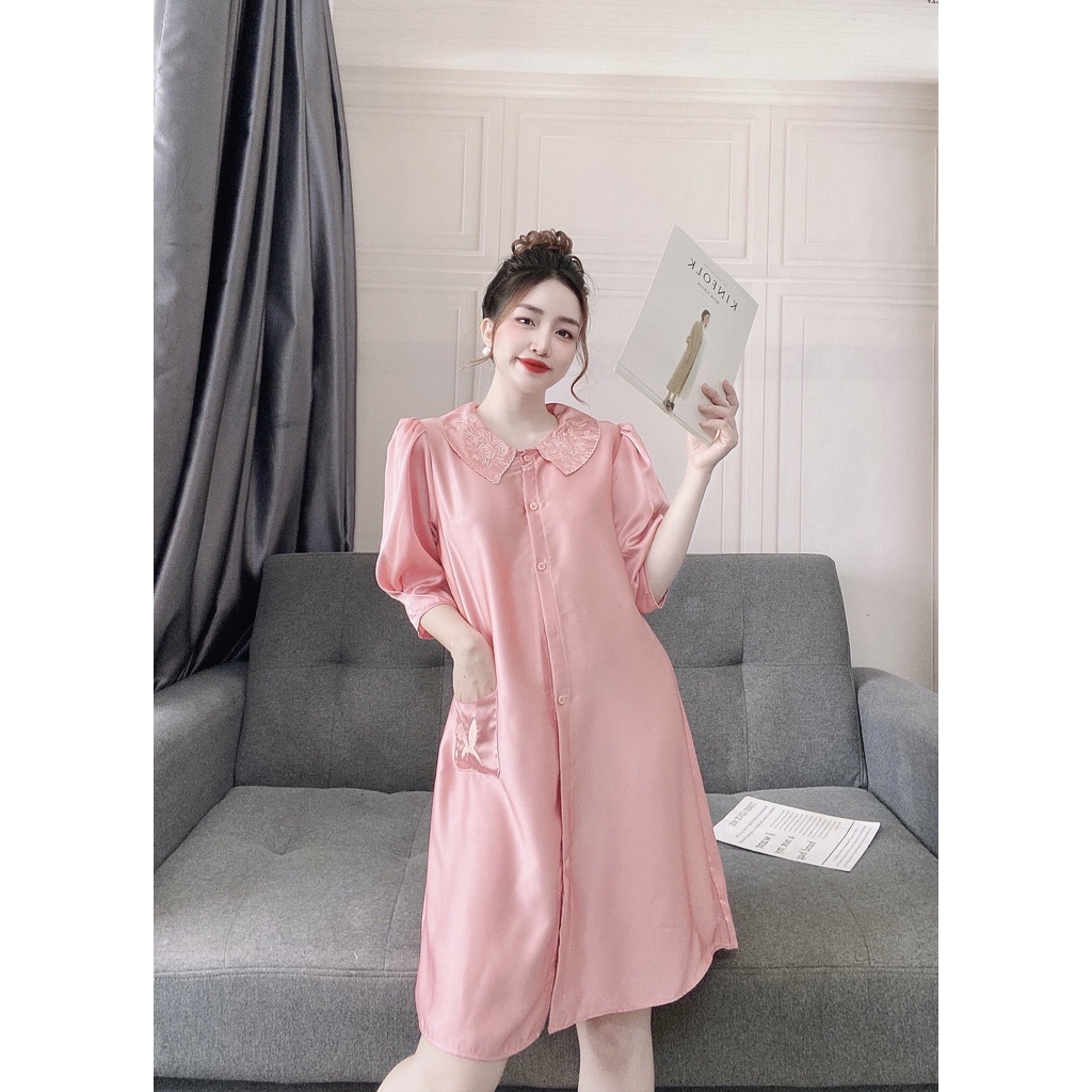 Váy ngủ lụa dài tay dễ thương mặc nhà Hoàng Tình Store đầm ngủ tiểu thư cổ thêu hoa Freesize