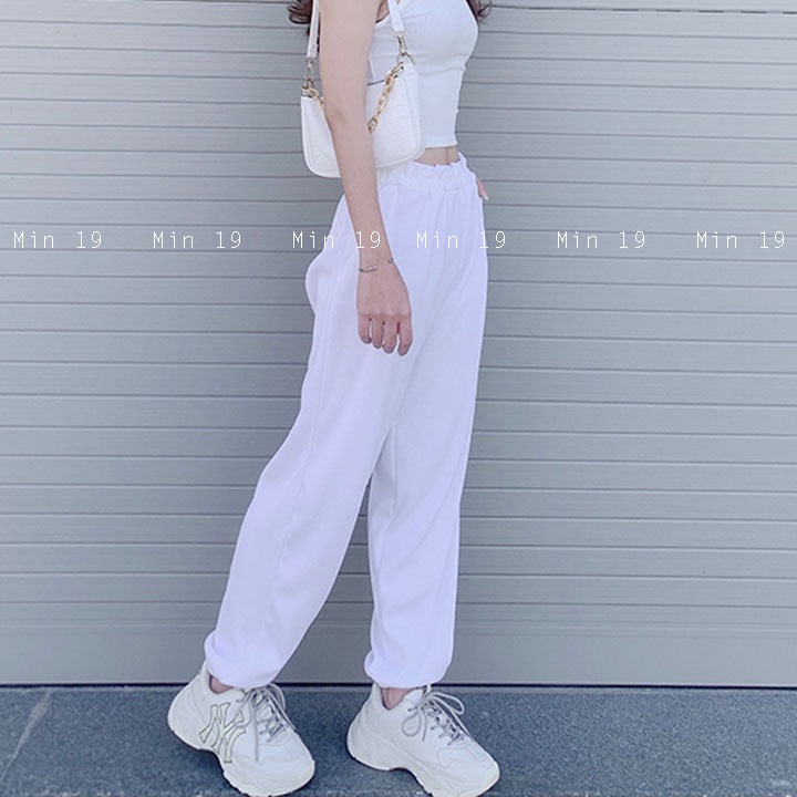 Quần ống rộng nữ MIN19 quần jogger bigsize lưng cao ống rộng cạp chun bo gấu màu trắng đen ghi thời trang Hàn Quốc | BigBuy360 - bigbuy360.vn