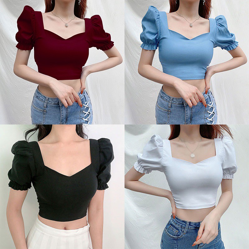 Áo crop top tay phồng cổ vuông màu trơn kiểu dáng quyến rũ dành cho nữ