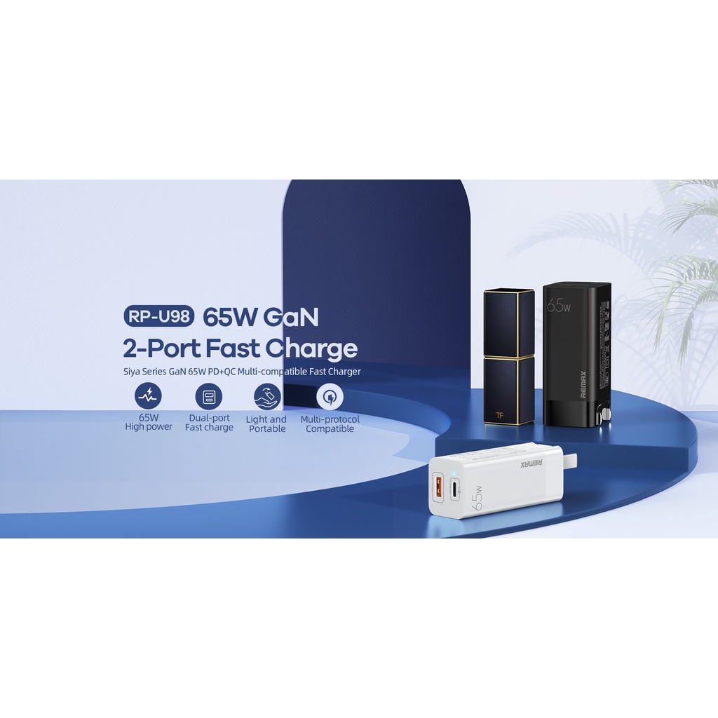 Cốc sạc nhanh 2 cổng Remax RP-U98 GaN 65W Folding Fast Charge USB 3.0 QC và PD TypeC  - Hãng phân phối