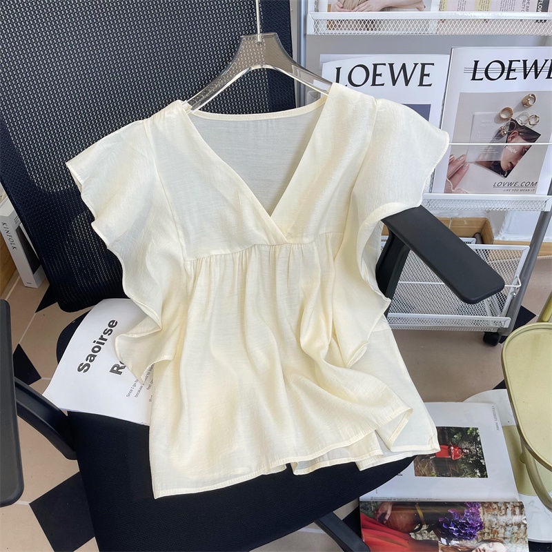 Áo Sơ Mi Cổ Chữ V Tay Lửng Phong Cách Hàn Quốc Ngọt Ngào Dành Cho Nữ