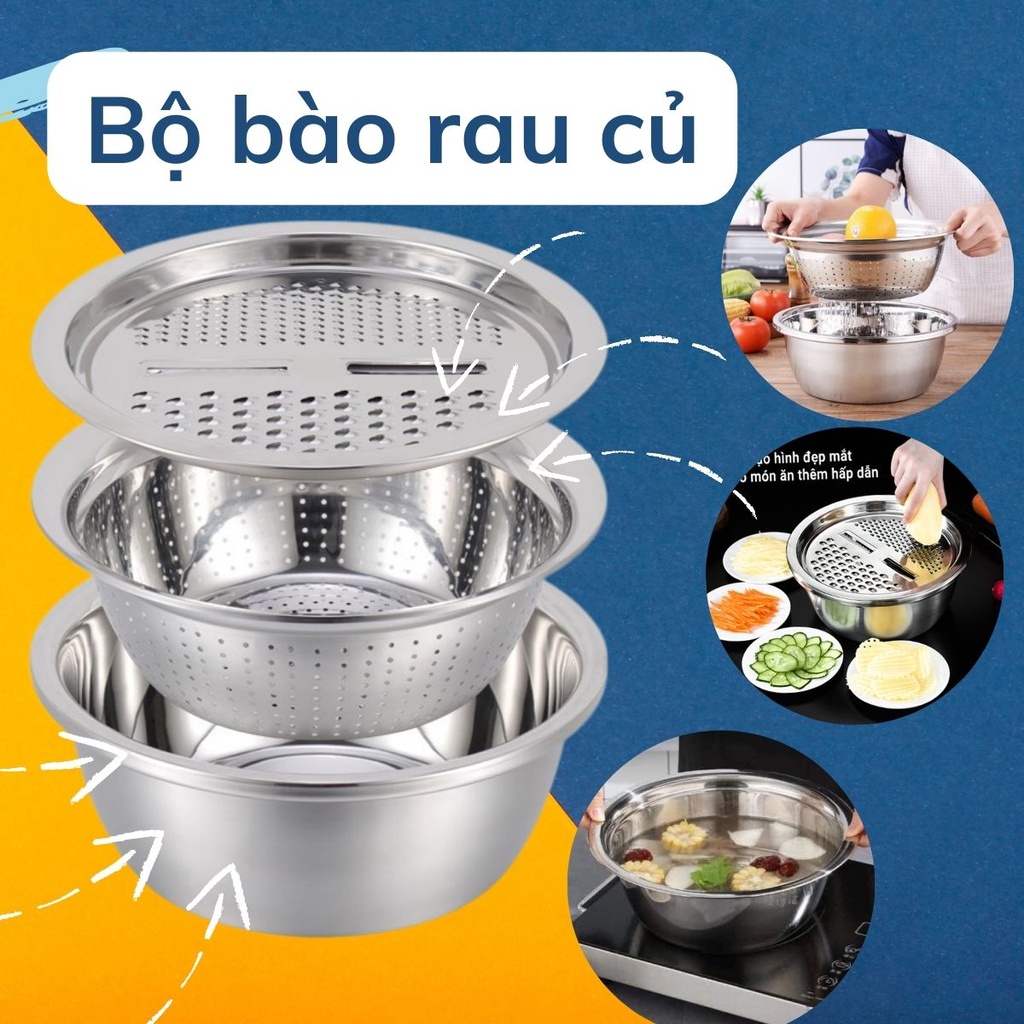 Bộ dụng cụ nạo rau củ inox cao cấp không gỉ nhiều chức năng bào cắt rau củ quả rổ để ráo nước sử dụng cho nhà bếp