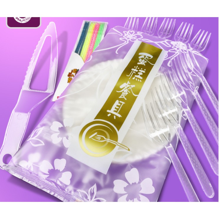 Bộ phụ kiện ăn bánh kem 10 người, trang trí bánh sinh nhật, set dao dĩa dùng 1 lần