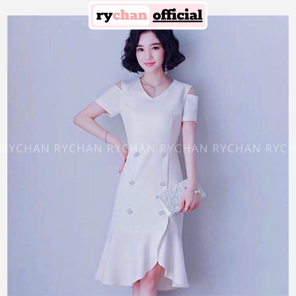 Đầm Thiết Kế Nữ Cổ Tim Khoét Vai 6 Nút Đuôi Cá Cực Thanh Lịch Sang Trọng - DX9825