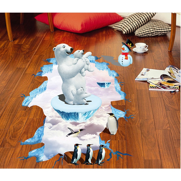 Decan dán tường, decan 3D hình gấu bắc cực và chim cánh cụt XL8127