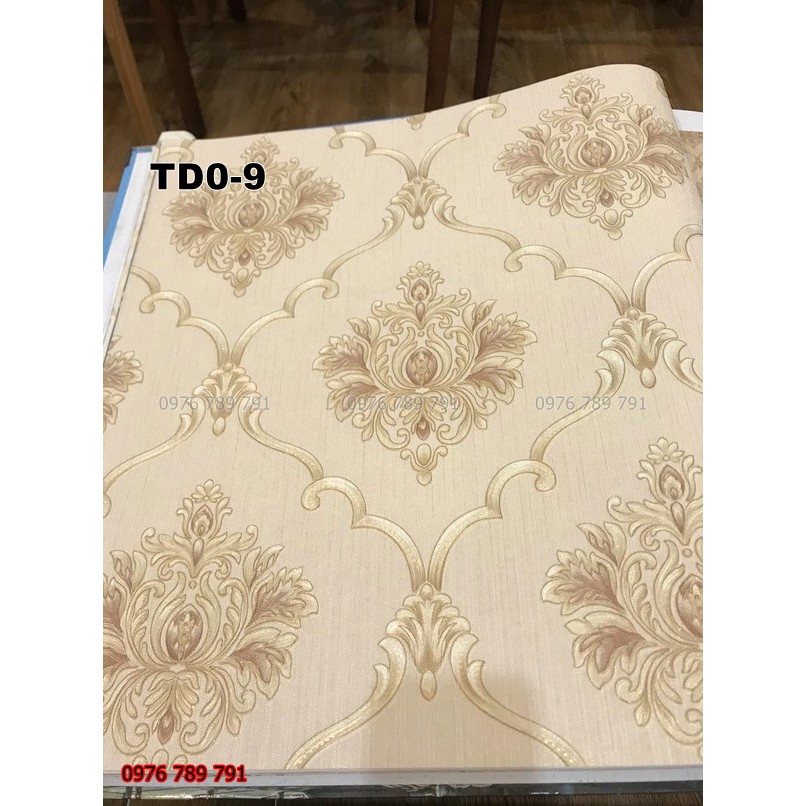 Giấy Dán Tường Hoa Văn Cổ Điển Châu Âu Màu Vàng Đẹp Cho Phòng Ngủ, Phòng Khách, Lụa Keo Dùng Ngoài, Khổ 10m x 53 cm